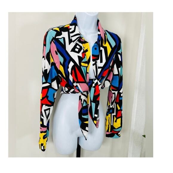 Big Dart Womens Top XL Mod 70s Shirt Button Down Long Sleeves - Picture 1 of 7